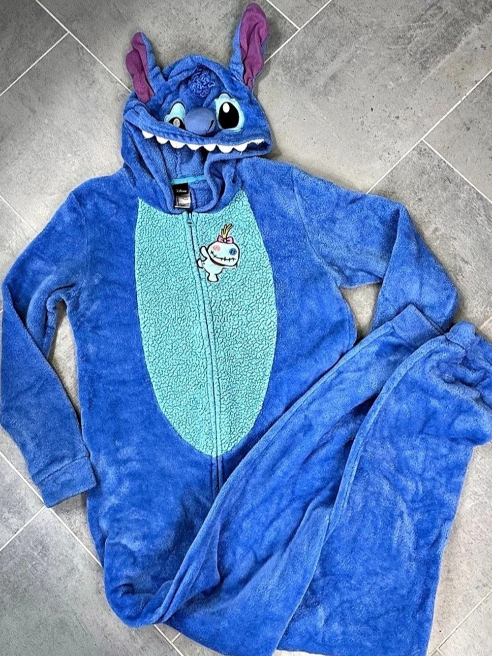 Disney Stitch Faux Fur Hooded Onesie Pajama Blue & Purple Unisex Adult Medium